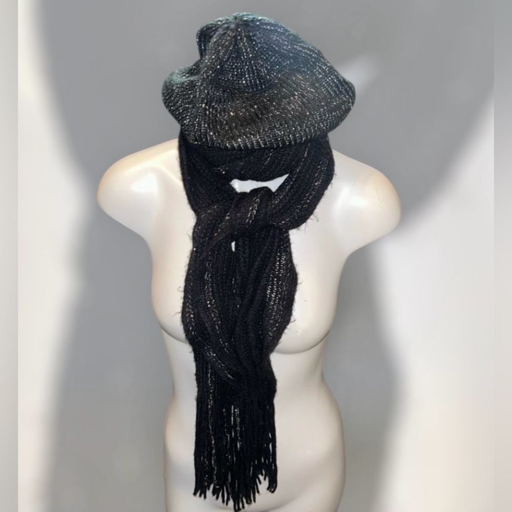 🆑3/$25 & 4.99 2 Ship Woman’s 2Pc Black Silver Beanie Hat & Long Scarf Shimmer